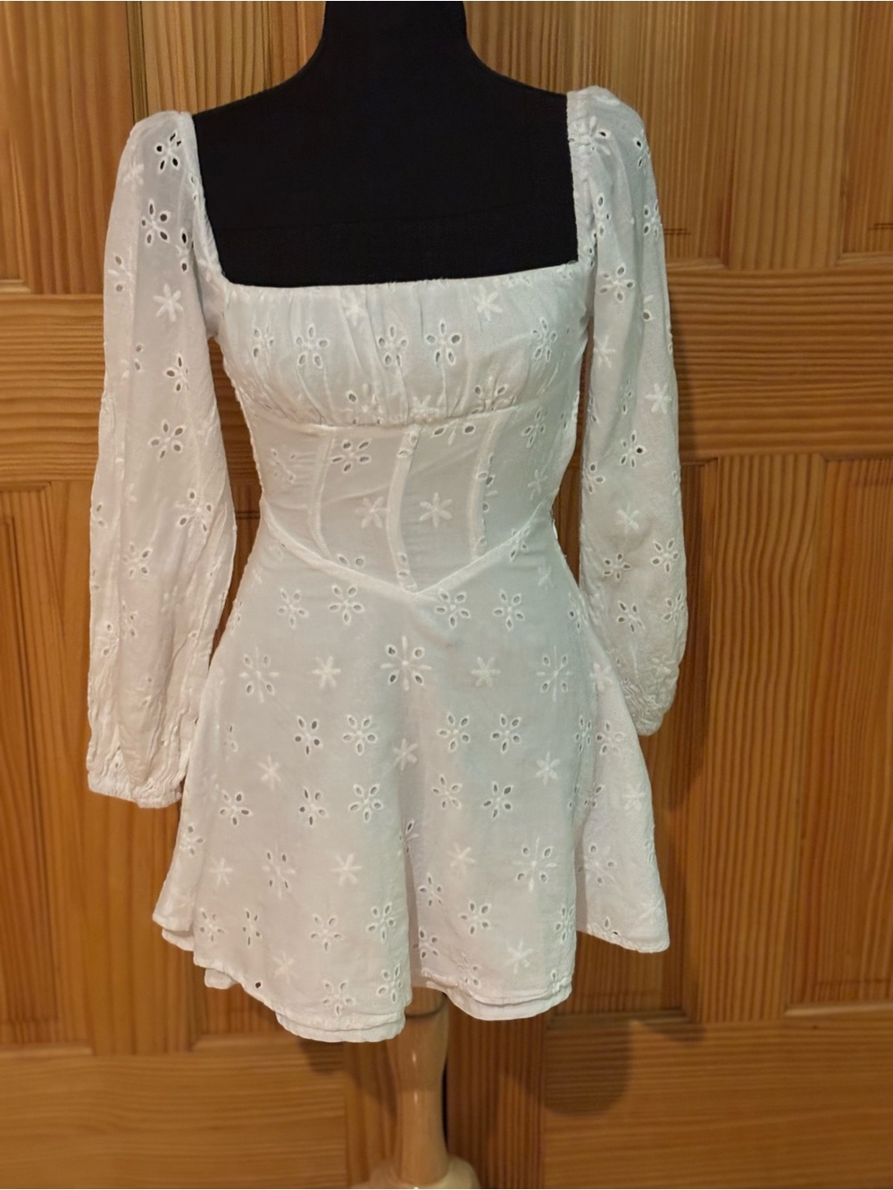 PRINCESS POLLY White Eyelet Long-Sleeve Fit & Flare Dress SIZE 2